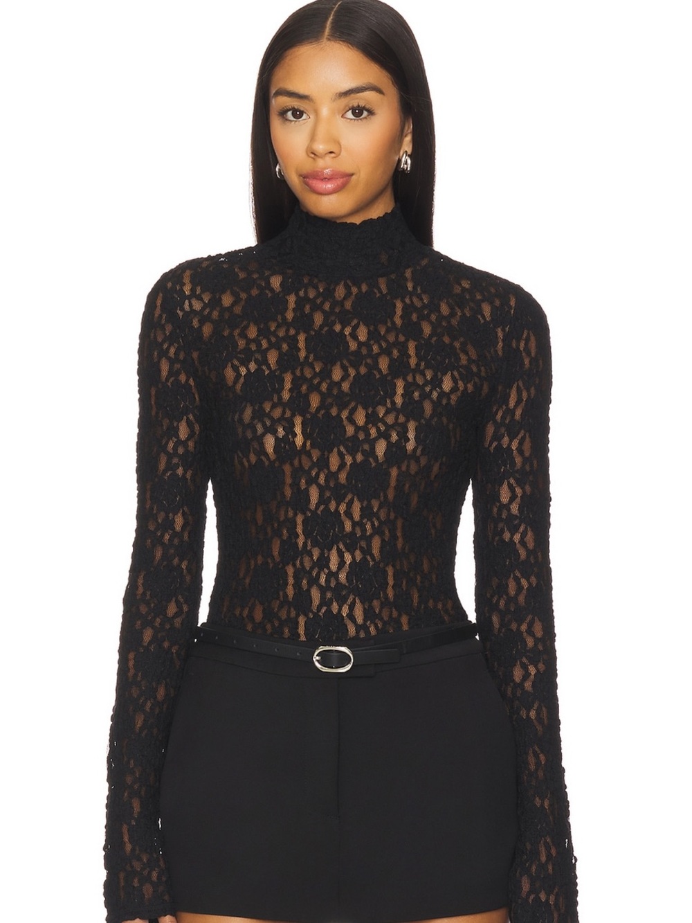 L'Academie Black Sheer Lace Mock Neck Long Sleeve Top